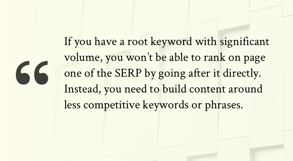 If you have a root keyword with significant volume, you won’t be able to rank on page one of the SERP by going after it directly. Instead, you need to build content around less competitive keywords or phrases.